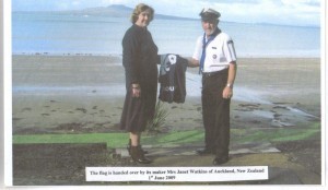 Flag is handed over by Mrs Janet Watkins in Auckland , New Zealand