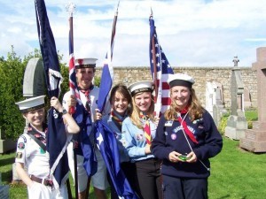 Flag begins journey at St.Andrew's . Sea Scouts from England, Scotland,USA,New Zealand and Ireland