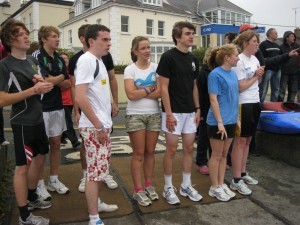 Under 17's wait for the swimmers to begin the run